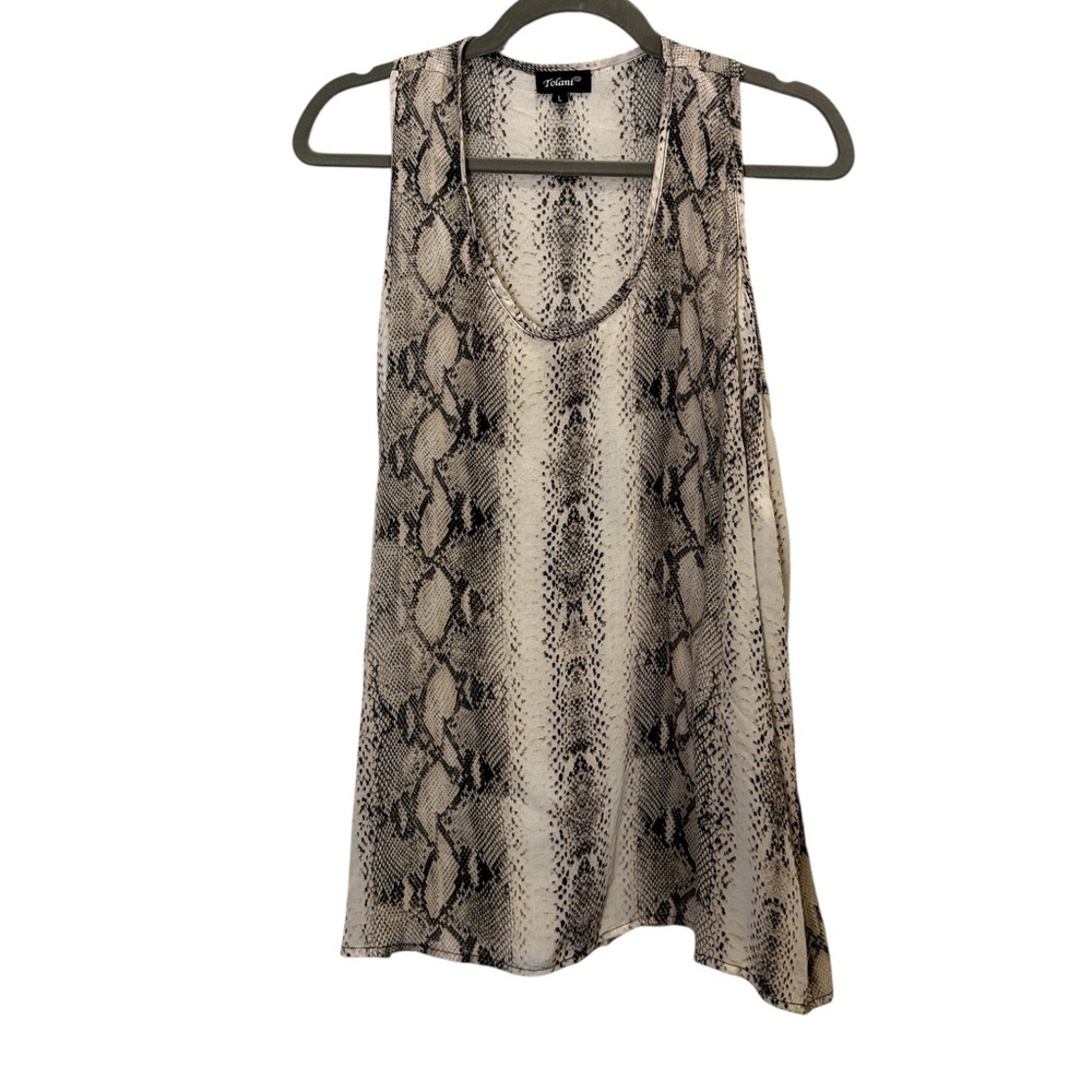 Tolani Women's 100% Silk Snake Print Racerback Tank Top Black and Cream Sz L